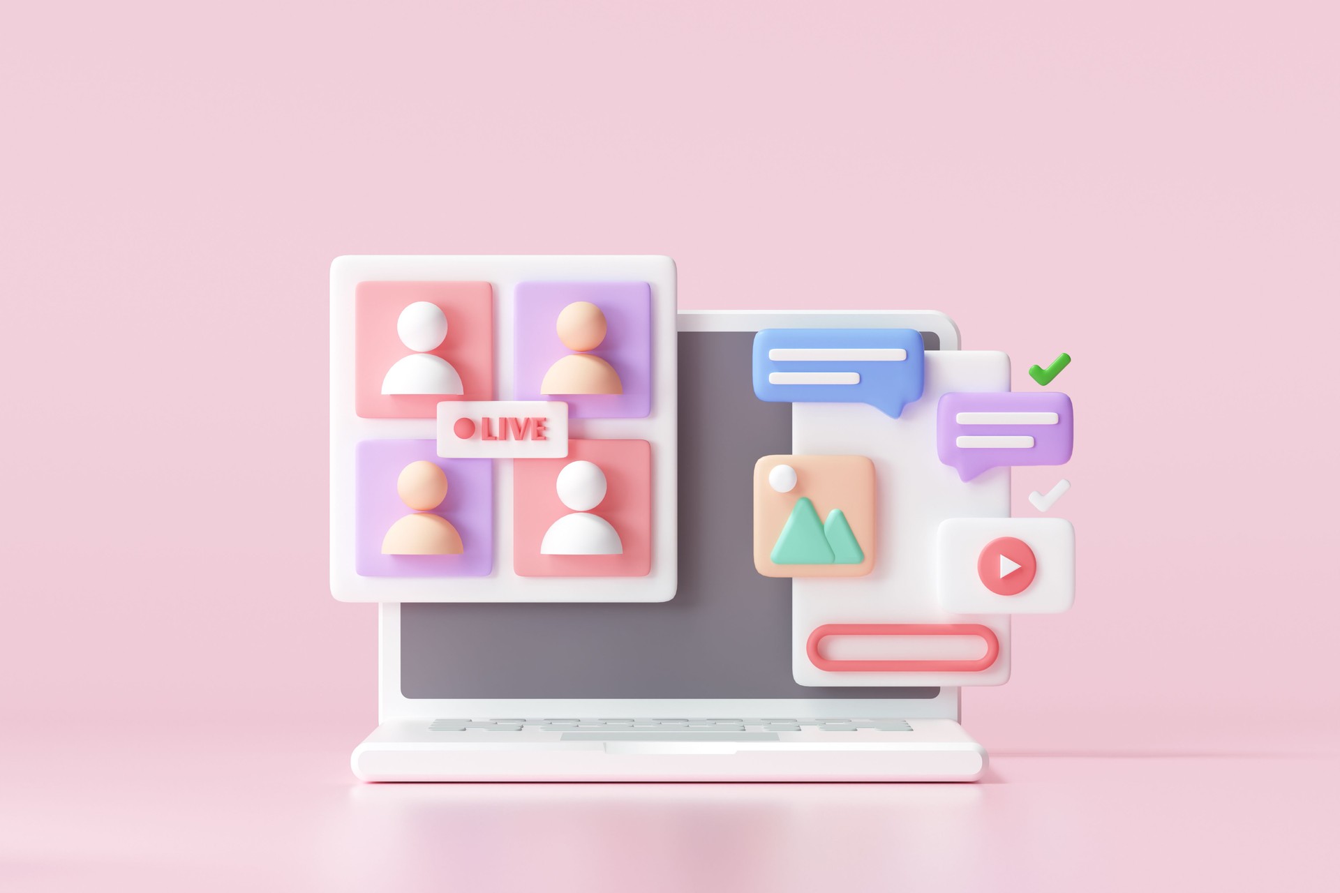 3D Social media platform, online social communication applications concept, emoji, webpage, search icons, chat and chart with smartphone background. 3d illustration